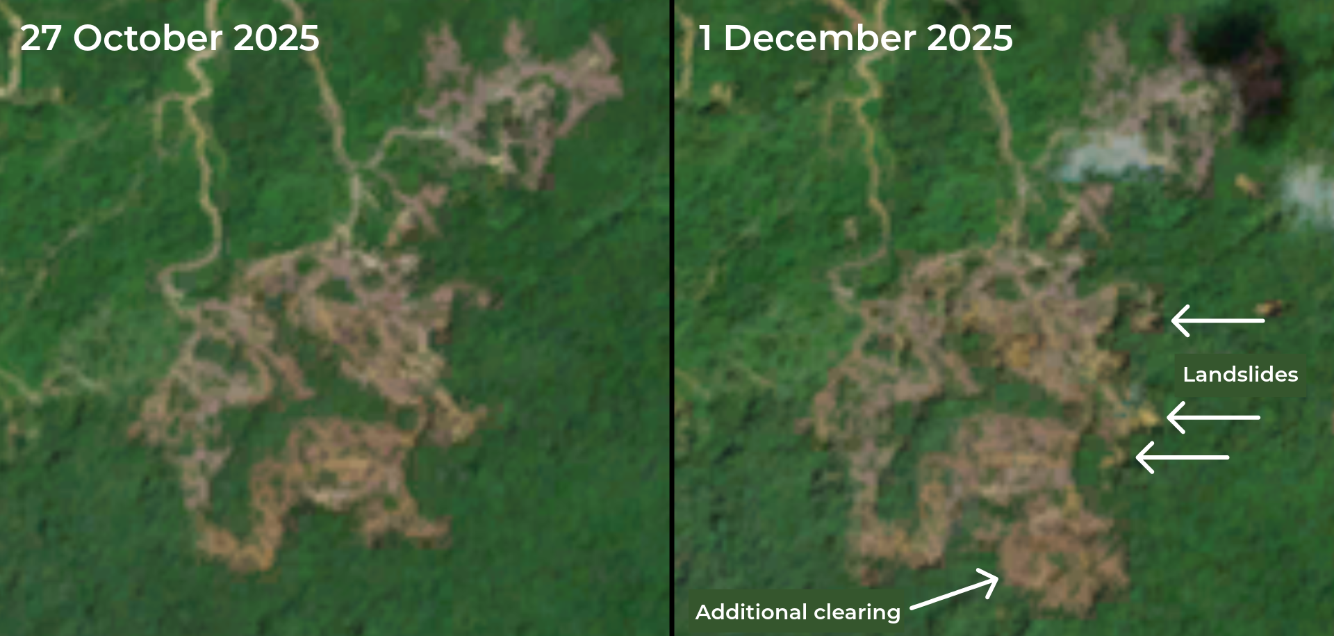 Drone image showing the condition of Garoga Village in South Tapanuli, North Sumatra, after the flood