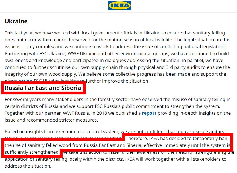 Ikea declared an immediate ban on the use of sanitary-felled wood from the Russian Far East and Siberia after Earthsight alerted the retailer to our findings. Source: Ikea