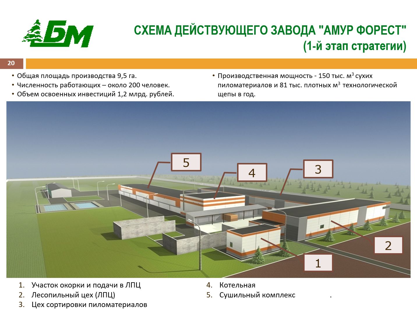 PowerPoint slide from 2013 showing BM Group's existing sawmill, Amur Forest ("Амур Форест").