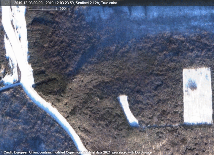 Satellite images taken from December 2019 to February 2020 show trees were felled in DeepForest lease 91-295, along the Ilim River, after Irkutsk Region's forest ministry banned logging during an arbitration dispute over the land. Satellite imagery: European Space Agency (ESA) Copernicus Sentinel / via Sentinel Hub