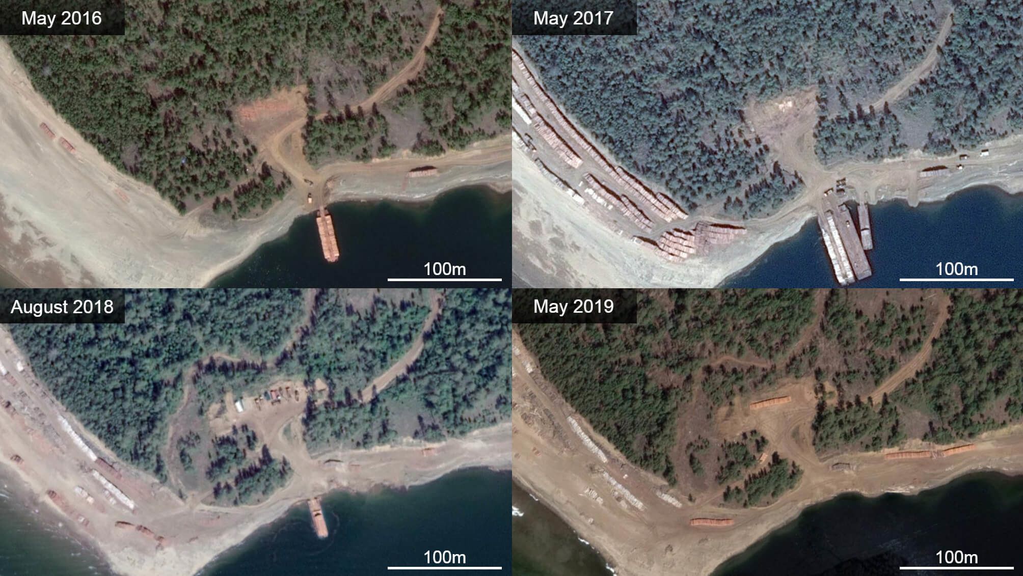Satellite images taken from 2016 to 2019 show a protected shoreline within Vilis forest lease 7-09 used to store logs and load them onto barges at Zmeiniy Bay, in Irkutsk Oblast, Russia. Satellite imagery: Maxar Technologies / CNES / Airbus / Google Earth
