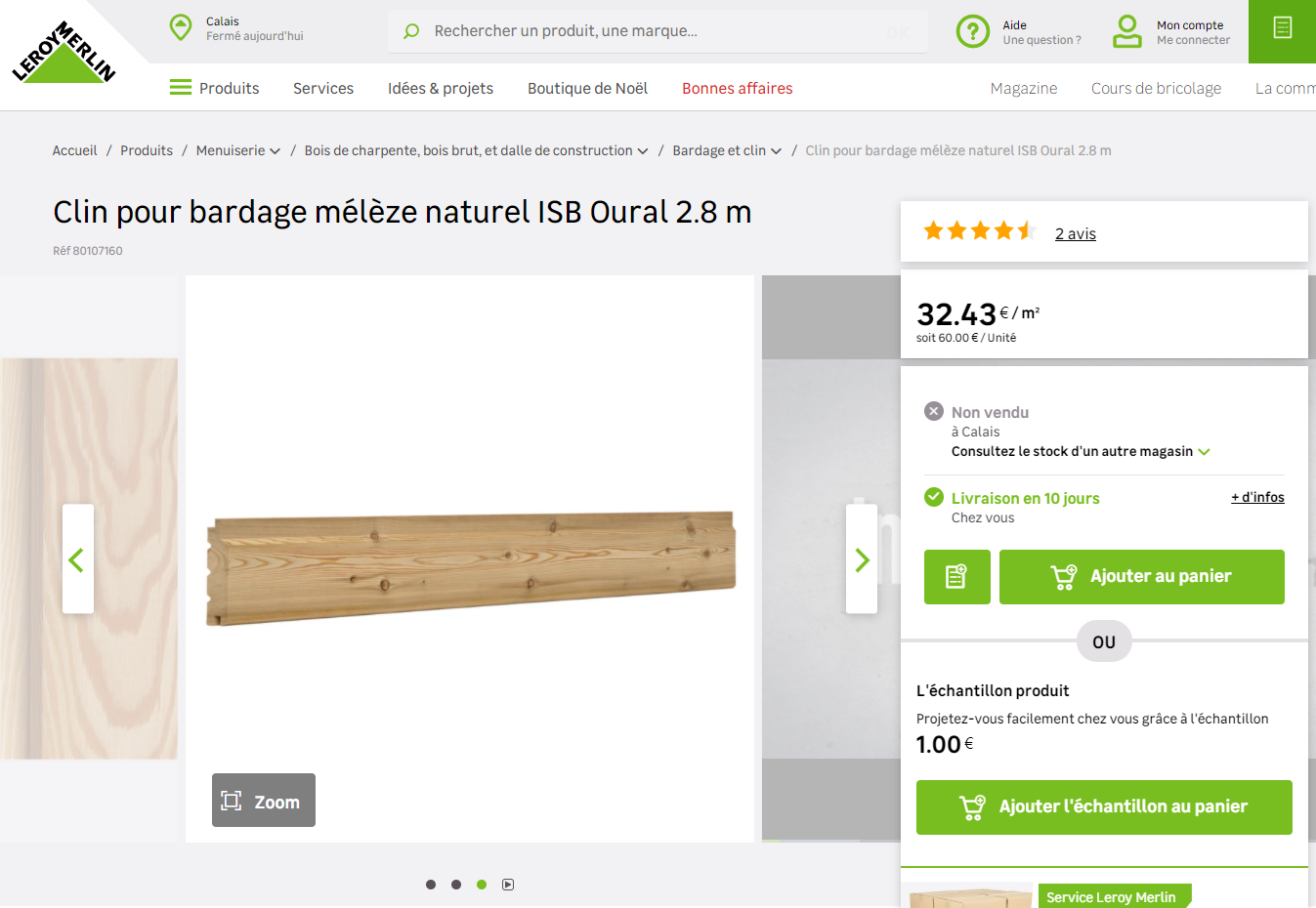 ISB larch cladding on sale on Leroy Merlin's website (screenshot taken 13 December). Source: Leroy Merlin