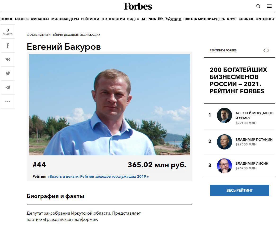 Evgeny Bakurov ranked 44th on a Forbes list of Russia's highest-earning civil servants or legislators in 2019. Source: Forbes.ru