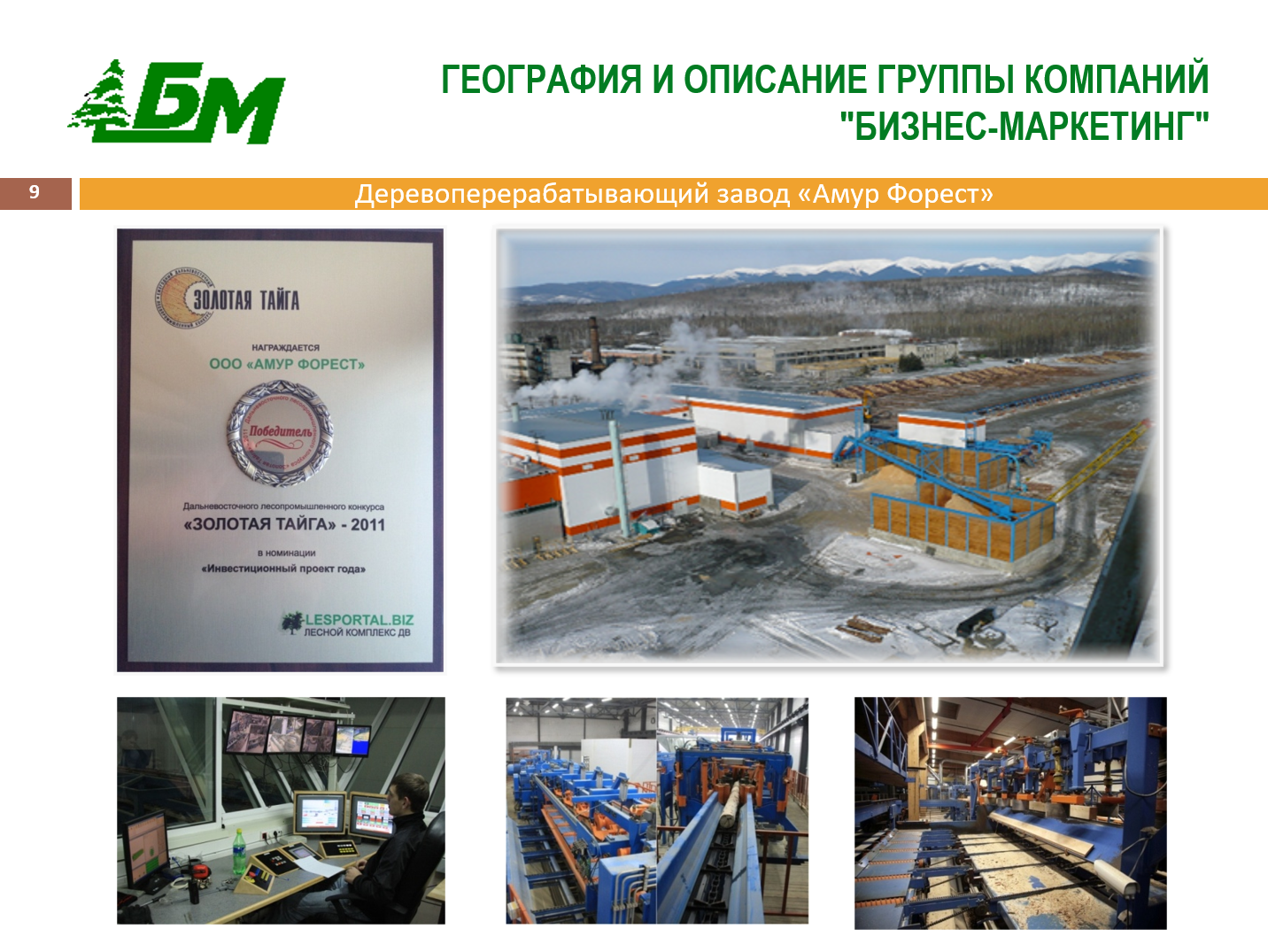 PowerPoint slide from 2013 showing BM Group sawmill Amur Forest ("Амур Форест"), named a priority project in 2008.