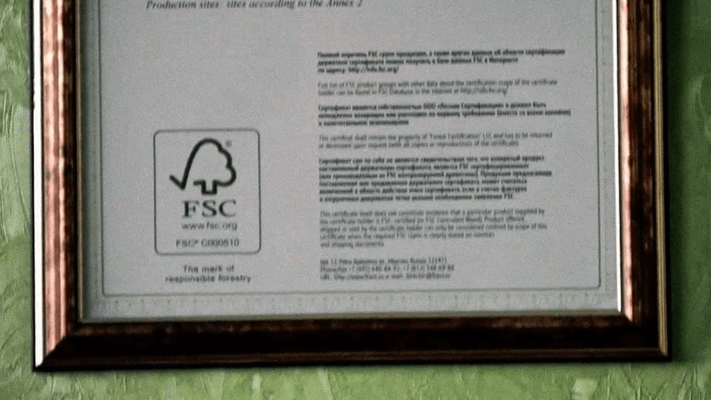 FSC certificate featured in 2016 promotion video for Bakurov's ExportLes group. Source: ExportLes / Julia Kiseleva / YouTube