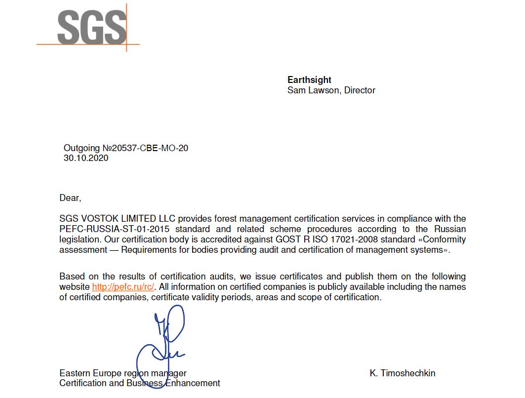 SGS Vostok's October 2020 statement for Taiga King. Source: Earthsight