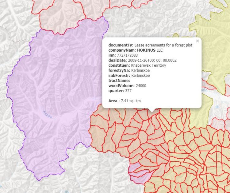 Screenshot of Earthsight interactive map showing overlap between BM Group forest leases (red), PEFC certified forests (yellow) and planned Dusse-Alin nature reserve (purple). Source: Eathsight