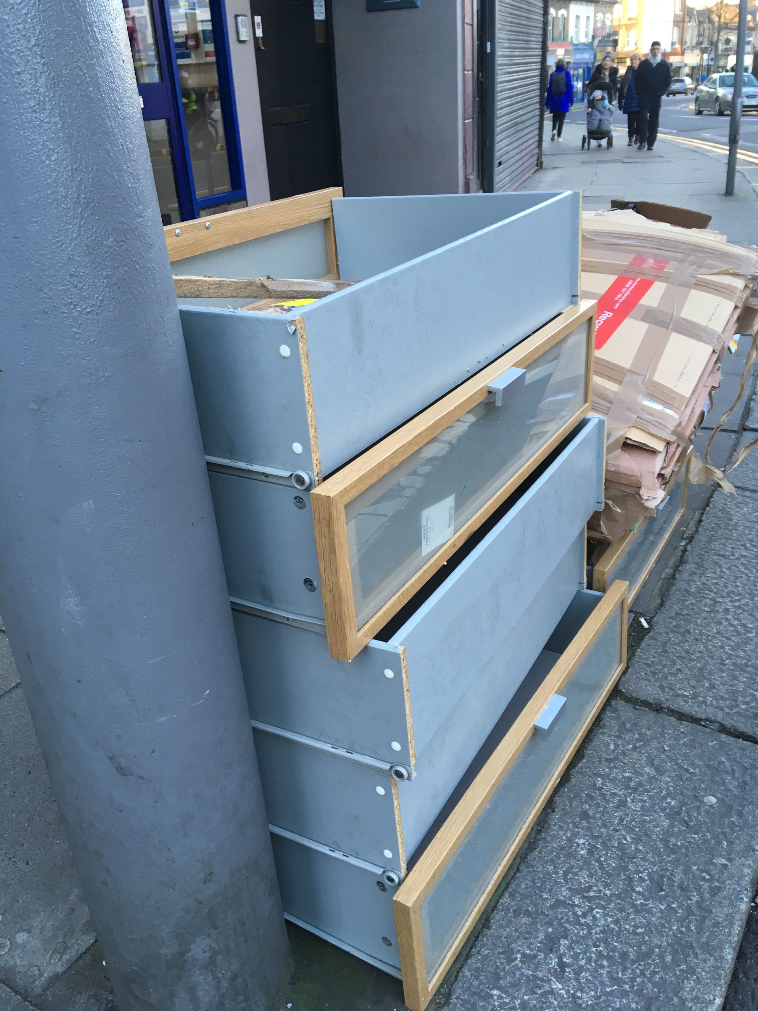 Fly-tipped Ikea wooden furniture on the streets of London, February and April 2020 © Earthsight