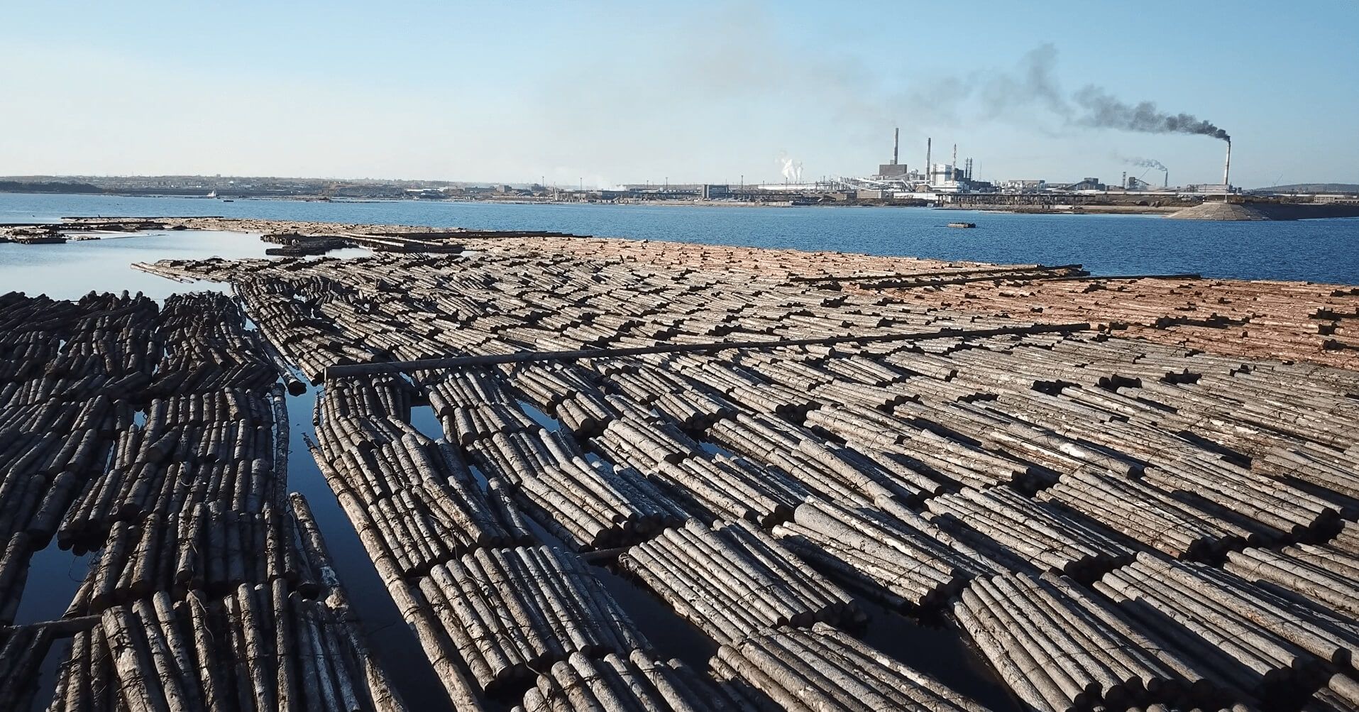 Floating log rafts near industrial centre in Irkutsk Oblast, Russia © Earthsight